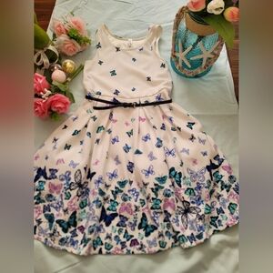 Butterfly Print Dress with Blue And Purple Belt